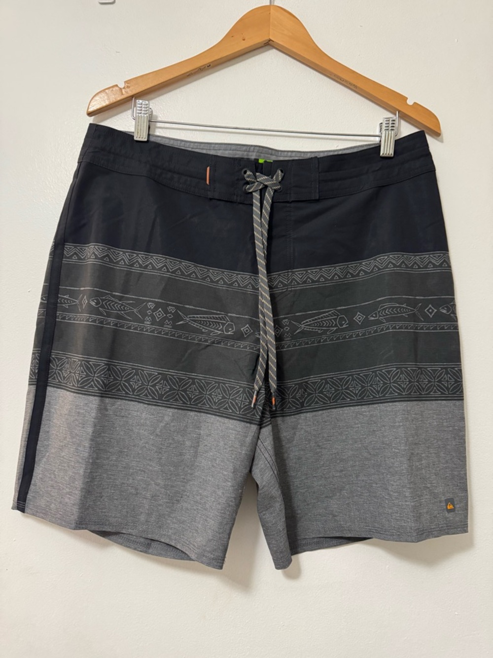 Quiksilver Men’s Black and Gray Patterned Swim Board Shorts